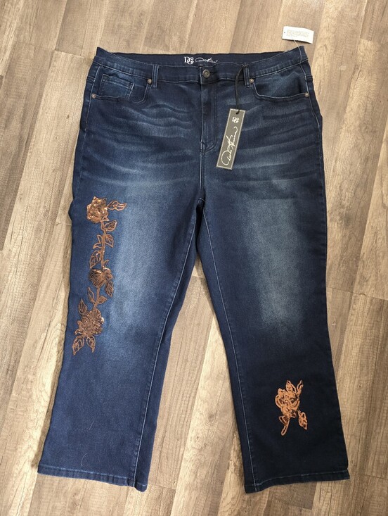 DG2 by Diane Gilman Denim - DG2 by Diane Gilman Dark Blue Cropped Jeans Western Copper Floral Embroidery Y2K